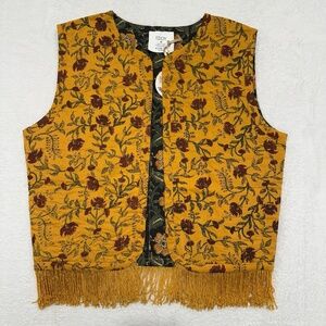 NWT Eddy Ashlee Medium Reversible Quilted Vest Fringe Golden Floral Western Boho